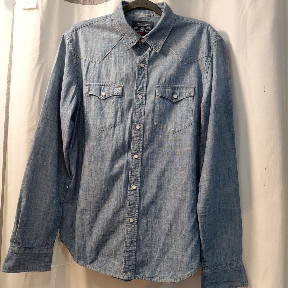 90s American Eagle Men‎ Denim Western Shirt Slim Fit Pearl Snap Blue Long Sleeve
